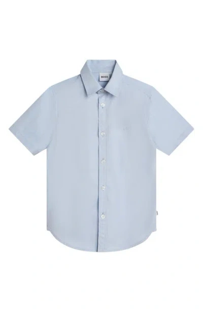 Bosswear Boss Kidswear Solid Short Sleeve Cotton Button-up Shirt In Pale Blue