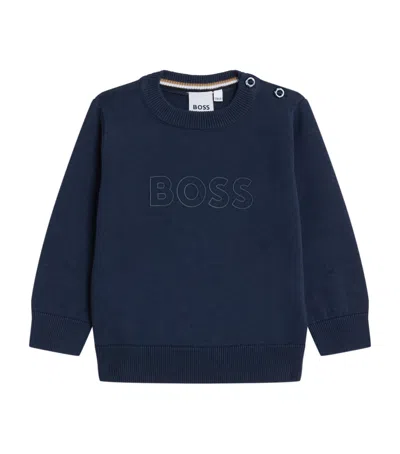 Bosswear Kids' Cotton Logo Knitted Sweater In Blue