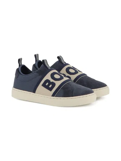 Bosswear Kids' Elasticated Logo-strap Sneakers In Blue
