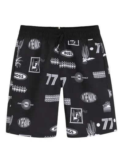 Bosswear Kids' Elasticated-waist Patterned Swim Shorts In Black