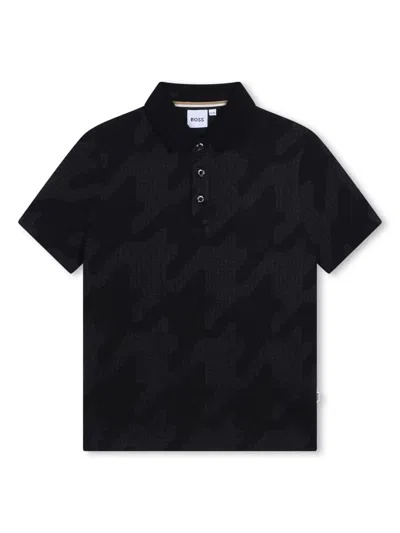 Bosswear Kids' Houndstooth-pattern Cotton Polo Shirt In Black