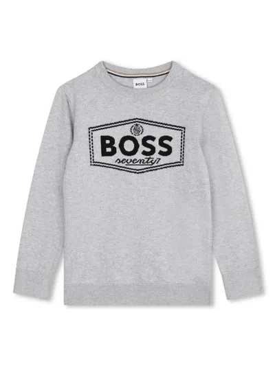 Bosswear Kids' Intarsia Knit-logo Cotton Jumper In Grey