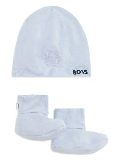 Bosswear Babies' Logo-embroidered Cotton Beanie Set In Blue