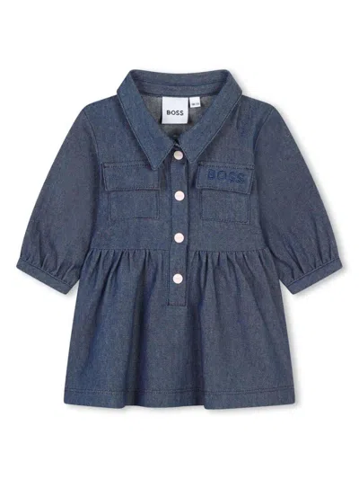 Bosswear Babies' Logo-embroidered Pleated Cotton Dress In Blue