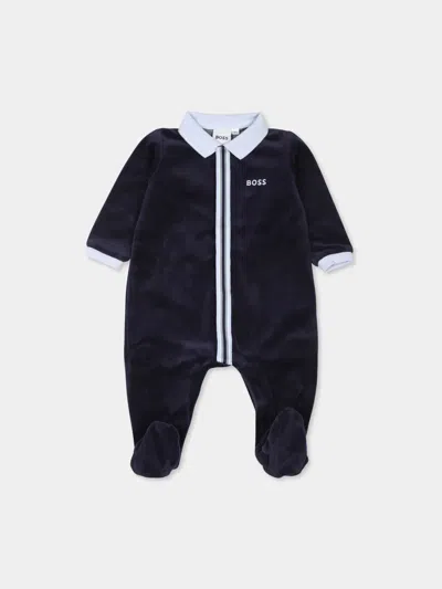 Bosswear Logo Embroidered Striped Babygrow In Blue
