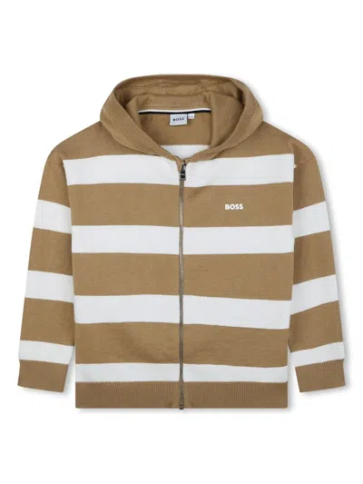 Bosswear Kids' Logo-embroidered Striped Cardigan In Brown
