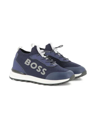 Bosswear Kids' Logo-lettering Knitted Sneakers In Blue