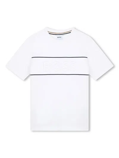 Bosswear Kids' Logo-print Stripe-trim Cotton T-shirt In White