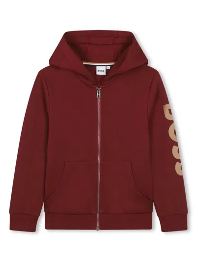Bosswear Kids' Logo-printed Sleeve Zipped Hoodie In Red