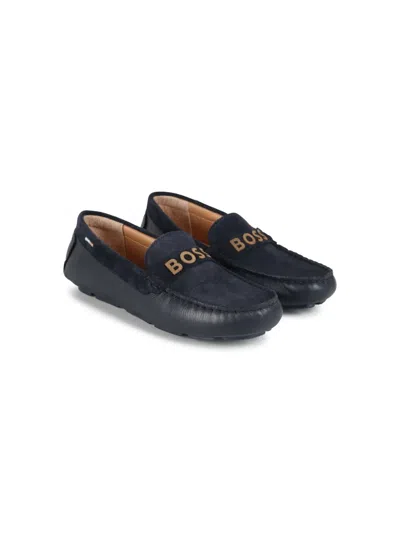 Bosswear Kids' Logo-strap Leather Loafers In Blue
