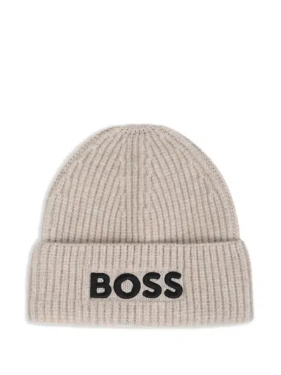 Bosswear Kids' Logo-embroidered Ribbed-knit Beanie Hat In Neutrals