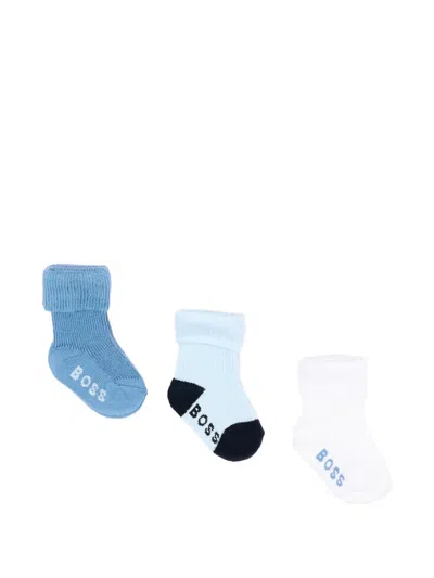 Bosswear Babies' Logo-knit Ribbed Socks (set Of Three) In Blue