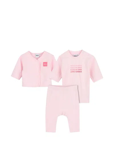 Bosswear Babies' Logo-patch Cardigan, Leggings And T-shirt Set In Pink