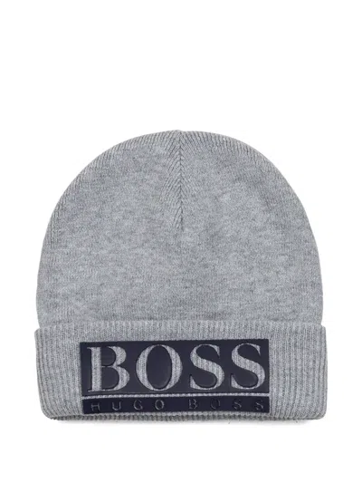 Bosswear Kids' Logo-patch Ribbed-knit Beanie Hat In Gray
