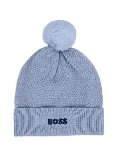 Bosswear Babies' Pompom-detail Waffle-knit Beanie Hat In Blue