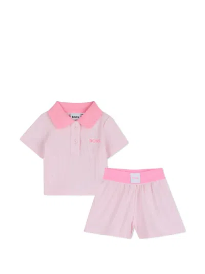 Bosswear Kids' Ribbed Collar Cotton Set In Pink