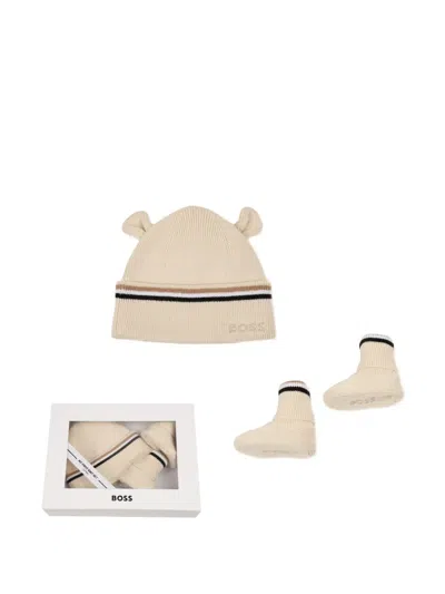 Bosswear Stripe-detail Beanie Hat And Booties Set In Neutral