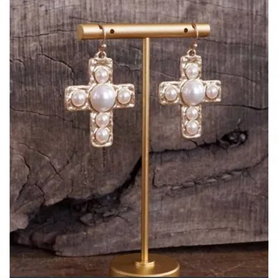 Bosuk Jewlery Women's Primitive Worn Gold Cross Earrings In Pearl In Sand