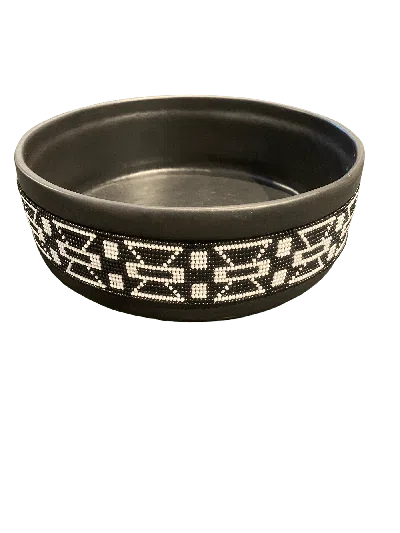Botanical Boys Black / White Contemporary Ceramic Beaded Bowl Two In Multi