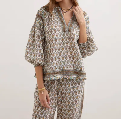 Boteh Beso Smocked Blouse In White In Grey