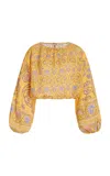 Boteh Darjeeling Cropped Linen Top In Yellow