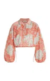 Boteh De Flore Collared Linen Crop Top In Orange