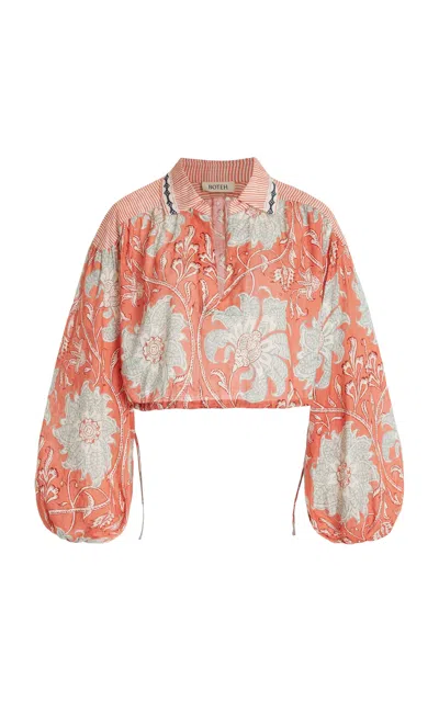 Boteh De Flore Collared Linen Crop Top In Orange