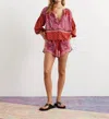 Boteh Kaleido Ruffle Smock Blouse In Ruby Red In Multi