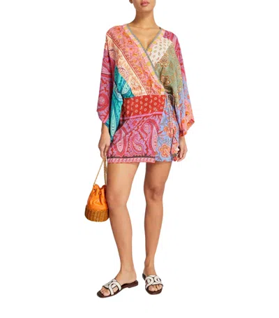 Boteh Kaleido Silk Robe Mini Dress In Ruby Patchwork In Multi