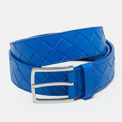 Pre-owned Bottega Veneta 100 Cm Buckle Belt Blue Intrecciato Leather