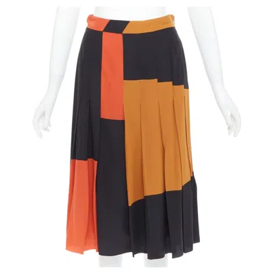 Pre-owned Bottega Veneta 100% Silk Black Orange Brown Colorblock Pleated Skirt It36 Xxs