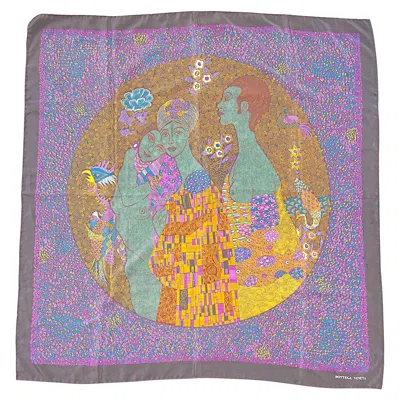Pre-owned Bottega Veneta 1980s Klimt Inspired Vintage Silk Figurine 80s Scarf Shawl Wrap In Gray