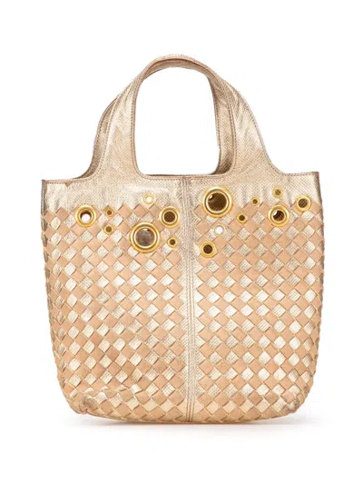 Pre-owned Bottega Veneta 2000-2007 Calfskin Intrecciato Grommet Handbag In Gold