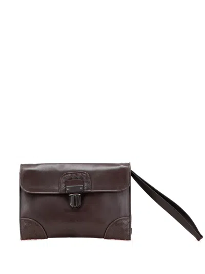 Pre-owned Bottega Veneta 2000-2007 Intrecciato Trimmed Leather Clutch Bag In Brown