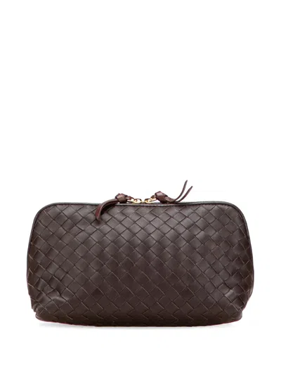 Pre-owned Bottega Veneta 2000-2007 Nappa Intrecciato Cosmetic Pouch In Brown
