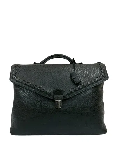 Pre-owned Bottega Veneta 2000-2025 Intrecciato Trimmed Leather Business Bag In Black