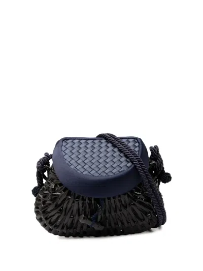 Pre-owned Bottega Veneta 2000-2025 Satin Intrecciato And Wicker Crossbody Bag In Black