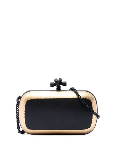 Pre-owned Bottega Veneta 2000-2026 Bicolor Gilded Waxed Leather Knot Clutch With Chain Crossbody Bag In Black