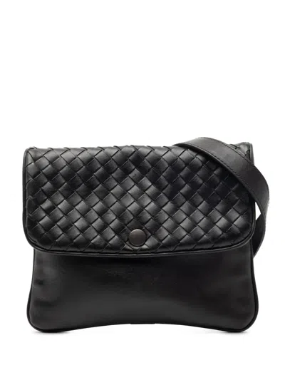 Pre-owned Bottega Veneta 2000-2026 Intrecciato Trimmed Nappa Crossbody Bag In Black