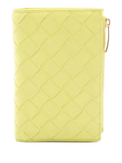 Pre-owned Bottega Veneta 2000s Intrecciato Bi-fold Leather Wallet In Yellow