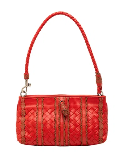 Pre-owned Bottega Veneta 2007-2011 Leather Intrecciato Stripe Shoulder Bag In Red