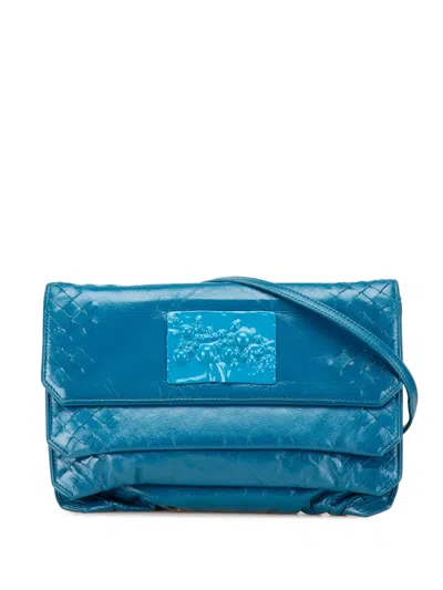 Pre-owned Bottega Veneta 2007-2011 Soft Patent Intrecciato Three Flap Clutch With Strap Crossbody Bag In Blue