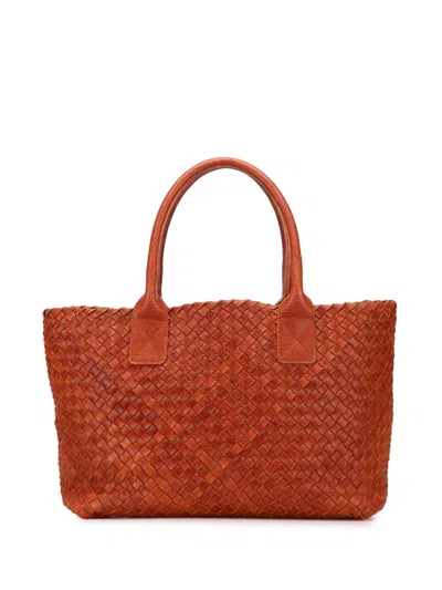 Pre-owned Bottega Veneta 2008 Small Lambskin Intreccio Cabat Tote Bag In Brown
