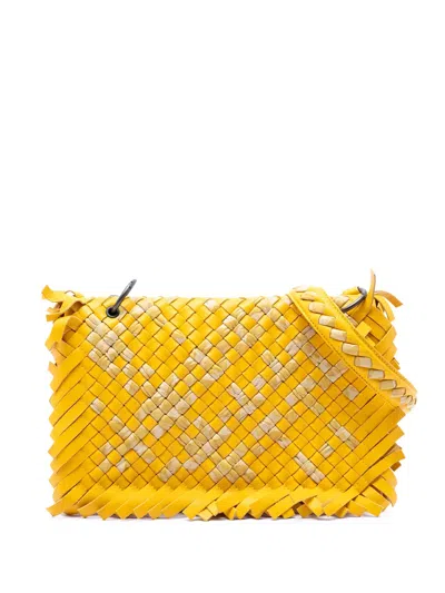 Pre-owned Bottega Veneta 2009 Bicolor Nappa Intrecciato Fringe Shoulder Bag In Yellow