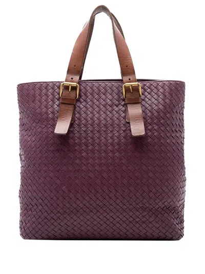 Pre-owned Bottega Veneta 2010 Bicolor Nappa Intrecciato Belt Strap Tote Bag In Purple