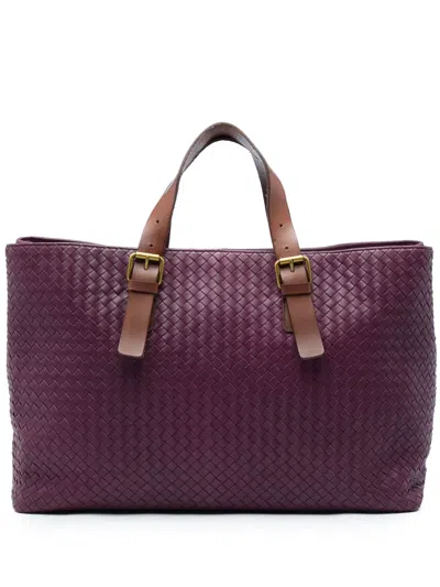 Pre-owned Bottega Veneta 2010 Bicolor Nappa Intrecciato Belt Strap Tote Bag In Purple