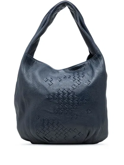 Pre-owned Bottega Veneta 2010 Intrecciato Trimmed Cervo Deerskin Hobo Shoulder Bag In Blue