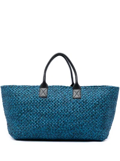 Pre-owned Bottega Veneta 2010 Large Lambskin Intreccio Cabat Tote Bag In Blue