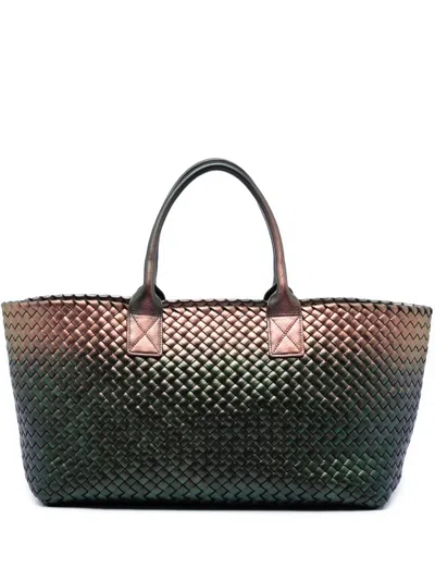 Pre-owned Bottega Veneta 2010 Medium Iridescent Nappa Intrecciato Cabat Tote Bag In Green