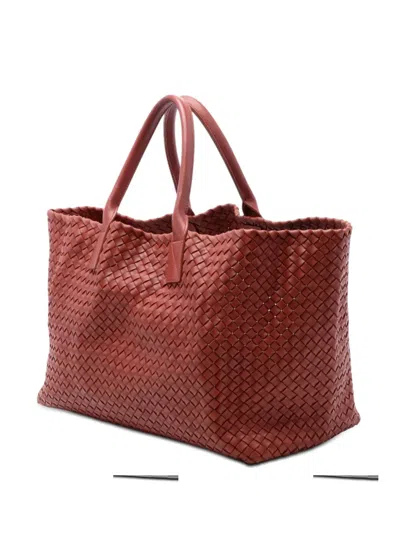 Pre-owned Bottega Veneta 2011 Large Lambskin Intreccio Cabat Tote Bag In Red